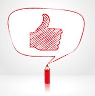 Red Pencil Drawing Like Icon in Irregular shaped Speech Balloon