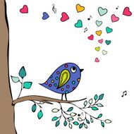 Blue bird hand-drawn sitting on tree branch