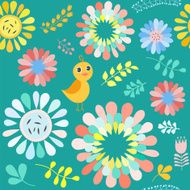 Vector floral pattern with colorful flowers and birds