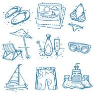 Hand drawn doodle sketch travel icons summer vacation on beach