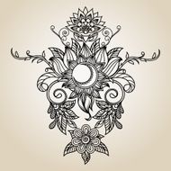 vintage ethnic pattern- henna tattoo Sun lotus flower and Moon