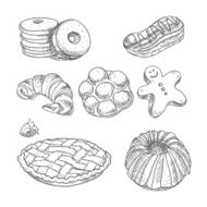 hand drawn sketch confections dessert pastry bakery products donut pie N4