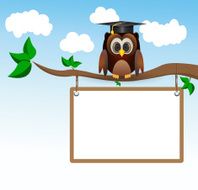 Owl sitting on three with whiteboard