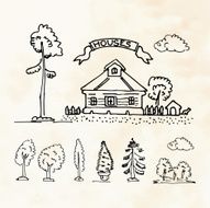 retro elements trees and house