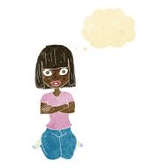 cartoon woman kneeling with thought bubble N8
