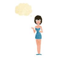 cartoon confused woman in cocktail dress with thought bubble N10