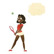 cartoon woman playing tennis with thought bubble N10