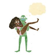cartoon swamp monster carrying woman in bikini with thought bubb N8