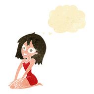 cartoon happy woman in dress with thought bubble N31