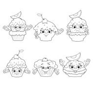 Set of icons cartoon funny cakes Coloring book N2