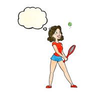 cartoon woman playing tennis with thought bubble N11
