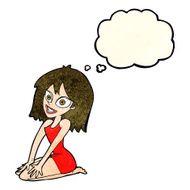 cartoon happy woman in dress with thought bubble N32
