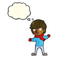 cartoon boy in winter clothes with thought bubble N11