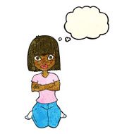 cartoon woman kneeling with thought bubble N9