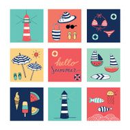 Hello Summer doodle colorful square icons