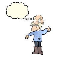 cartoon angry old man in patched clothing with thought bubble N11