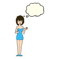 cartoon confused woman in cocktail dress with thought bubble N11