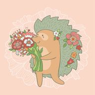 Cute wedding card Hedgehog with flowers in love