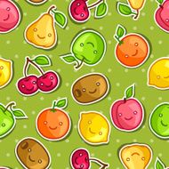 Seamless pattern with cute kawaii smiling fruits stickers N4
