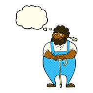 cartoon farmer leaning on walking stick with thought bubble N11