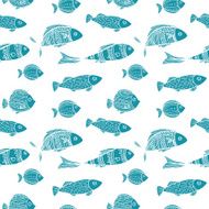 Seamless two color pattern Blue silhouettes of fishes
