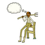 cartoon old farmer leaning on fence with thought bubble N11