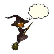 cartoon witch riding broomstick with thought bubble N22