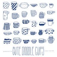 Cute naive cups vector set Blue color Kids style