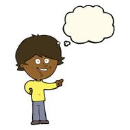 cartoon boy laughing and pointing with thought bubble N11