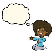 cartoon shocked woman on knees with thought bubble N11