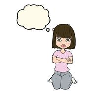 cartoon woman kneeling with thought bubble N10