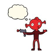 cartoon alien with ray gun thought bubble N11
