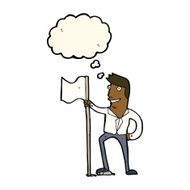 cartoon man planting flag with thought bubble N10