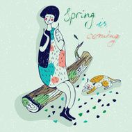 Vector colorful illustration with girl and cat Spring greeting