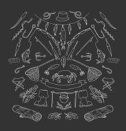 Fishing stuff in doodle style Hand drawn illustration Isolated
