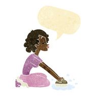 cartoon woman scrubbing floor with speech bubble N11