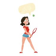 cartoon woman playing tennis with speech bubble N11