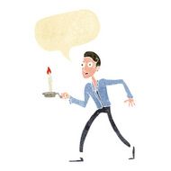 cartoon frightened man walking with candlestick speech bubb N11