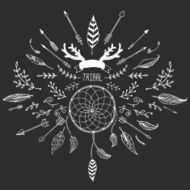Hand drawn tribal collection with bow and arrows feathers