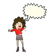 cartoon woman having trouble walking in heels with speech bubble N12