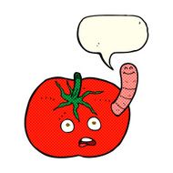 cartoon tomato with worm speech bubble N8