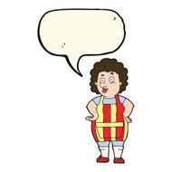 cartoon woman in kitchen apron with speech bubble N11
