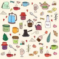 Tea and all stuff - Hand-drawn seamless vector pattern N2