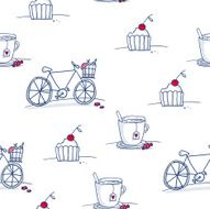 Seamless pattern with doodle cakes cups and bicycles