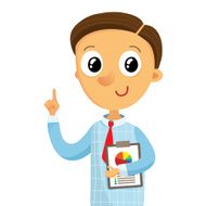 Business man holding documents and pointing finger up isolated N2