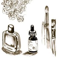 Ink sketch with brushes bottles and doodles