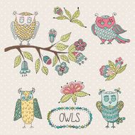 Cute cartoon vector owls flowers brunche