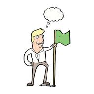 cartoon man planting flag with thought bubble N11