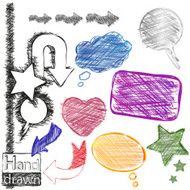 Hand-drawn colorful speech bubbles stars heart and arrows