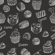 Seamless pattern with sweet cakes and candy on a black
